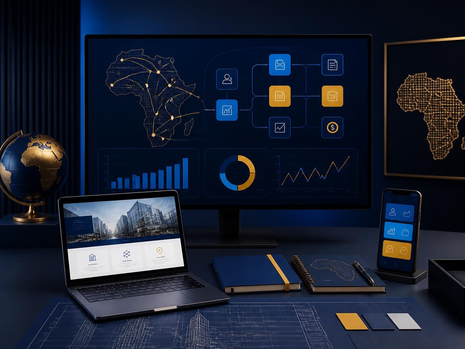 Oversized Zam Z ribbon surrounded by website, app and dashboard interfaces